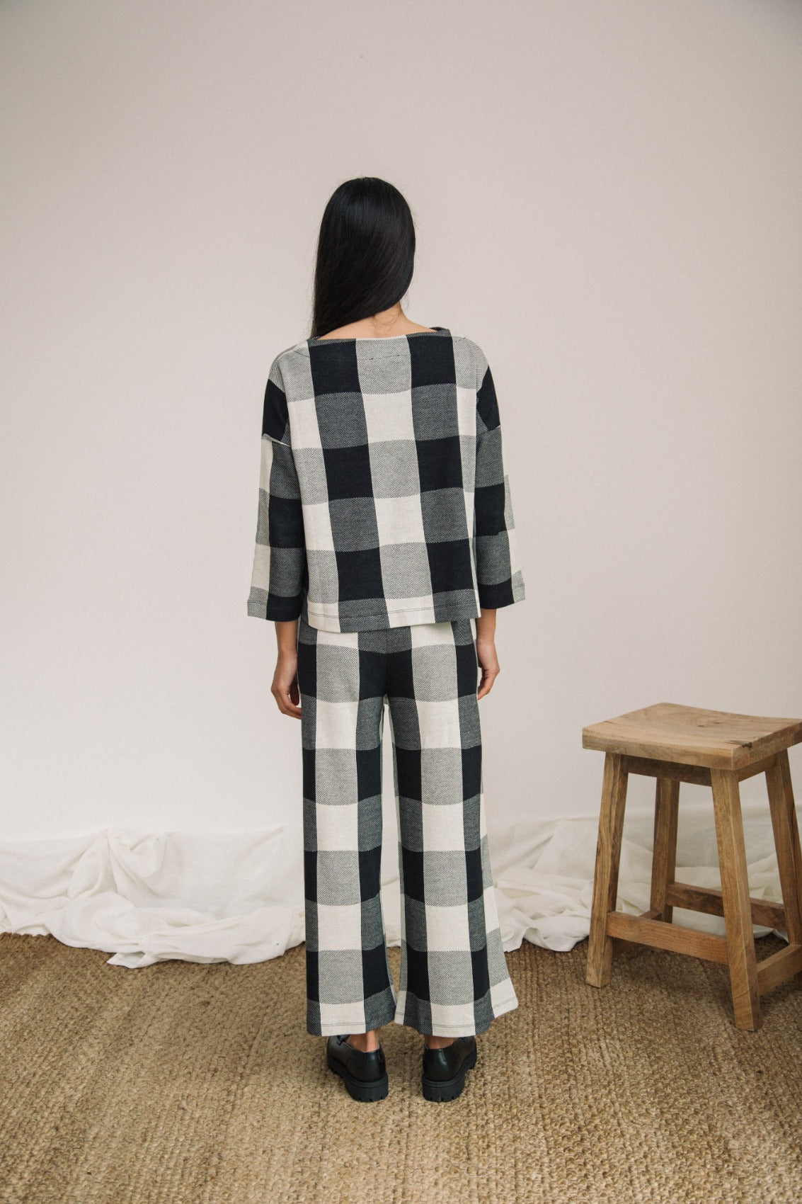 Thorne-Cay Organic Cotton Knitted Check Trouser in Black and Ecru