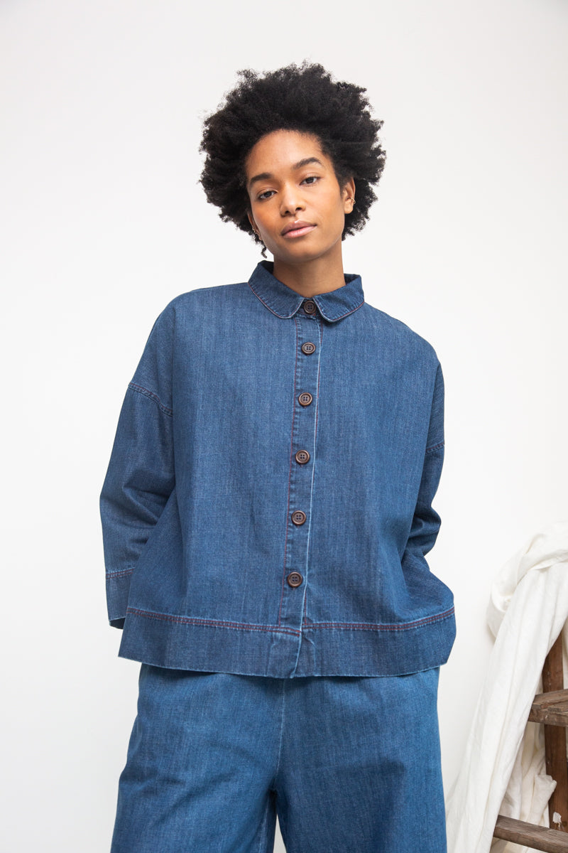 Dylan-Leigh Organic Cotton Denim Overshirt in Mid Blue