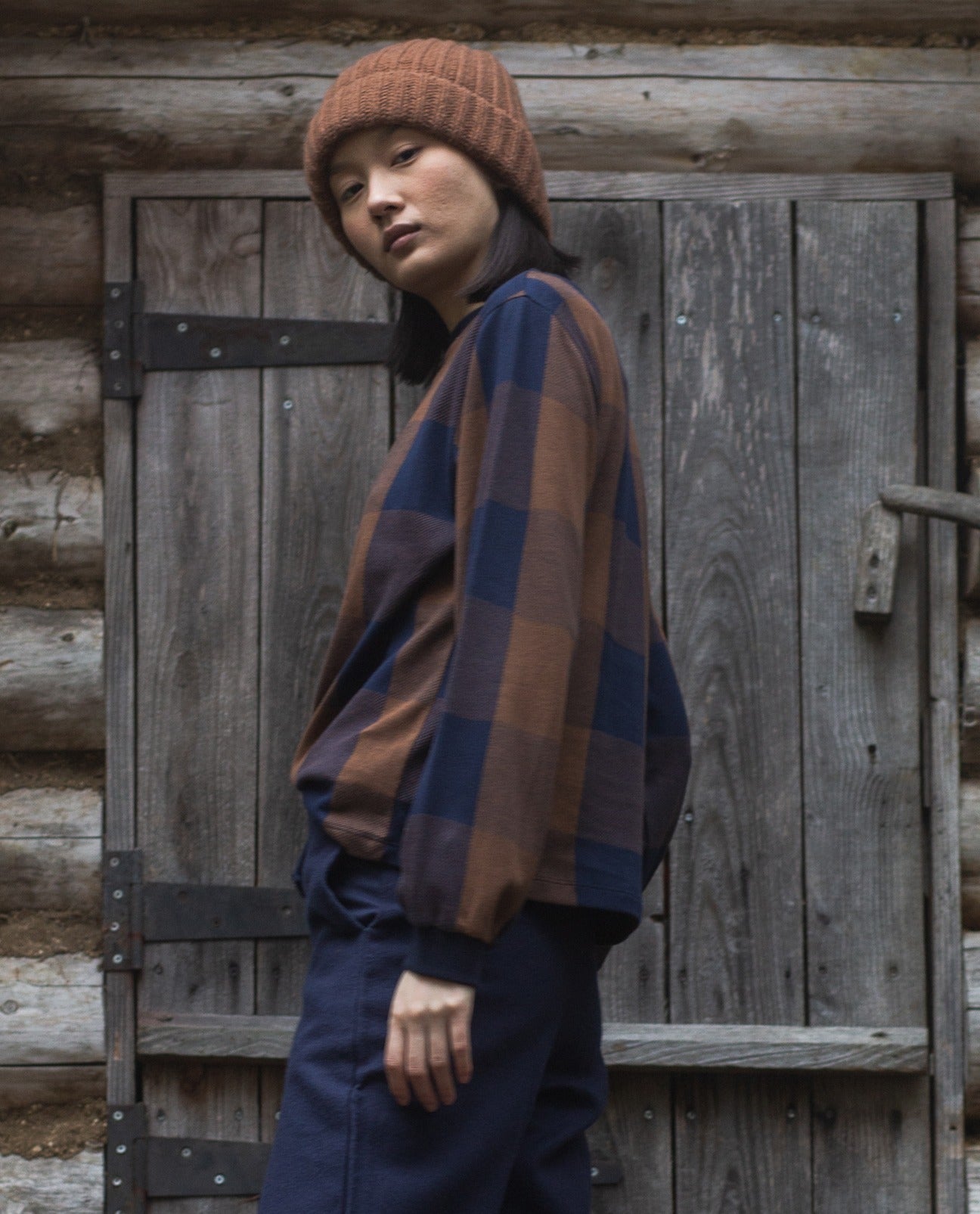 Sierra-Cay Knitted Check Top in Walnut and Night Sky Check