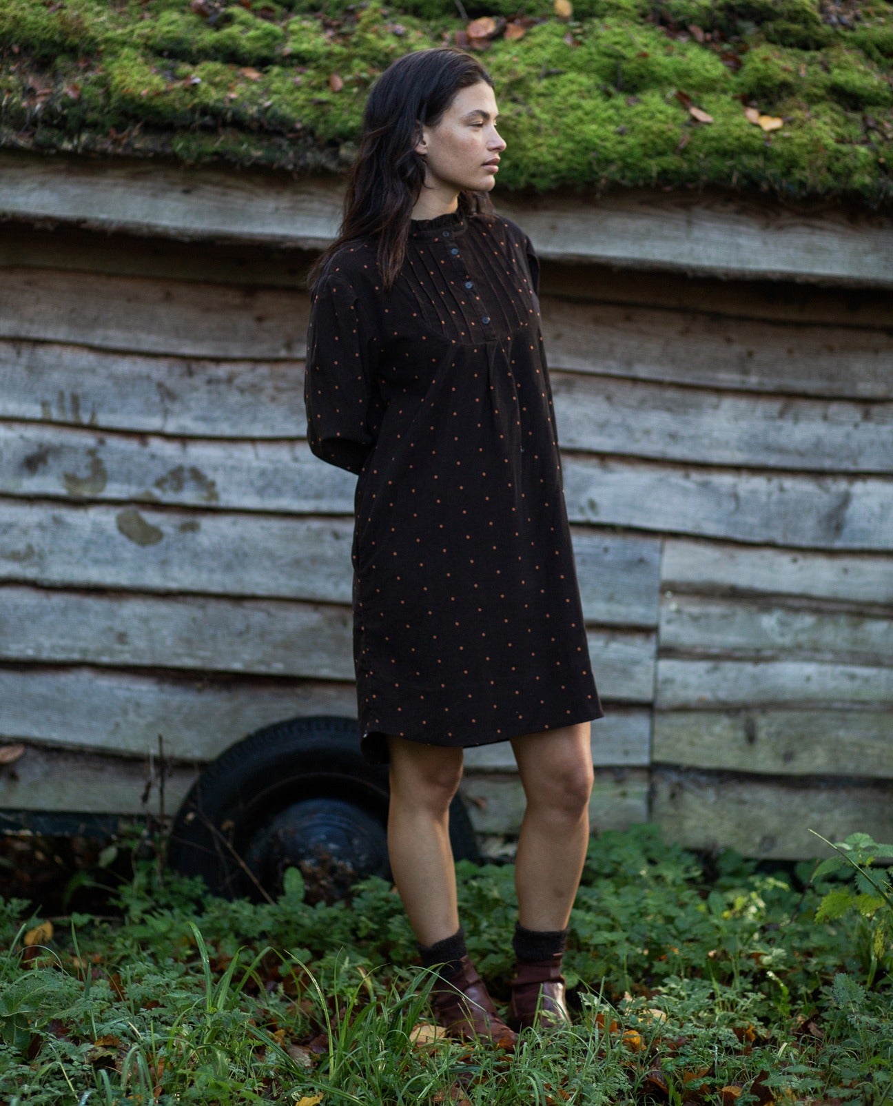 Phoebe-Paige Printed Cord Dress in Brown and Tan Polka Dot