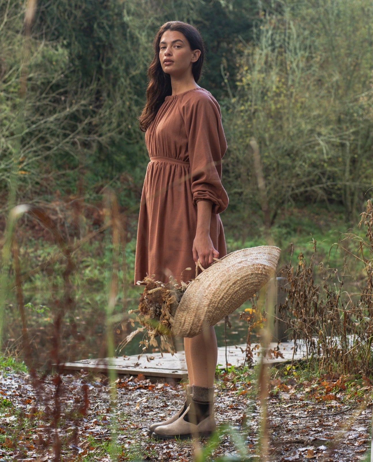 Ava-Jane Organic Cotton Brushed Twill Dress in Cinnamon