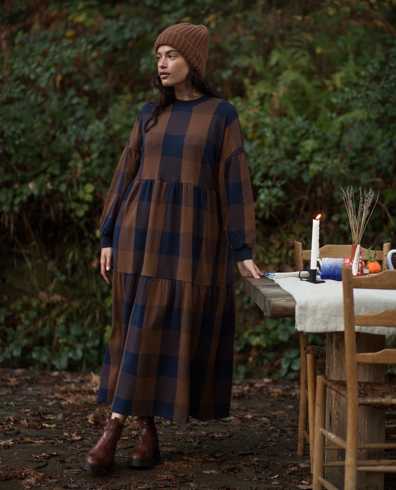 Matilda-Cay Knitted Check Dress in Walnut and Night Sky Check