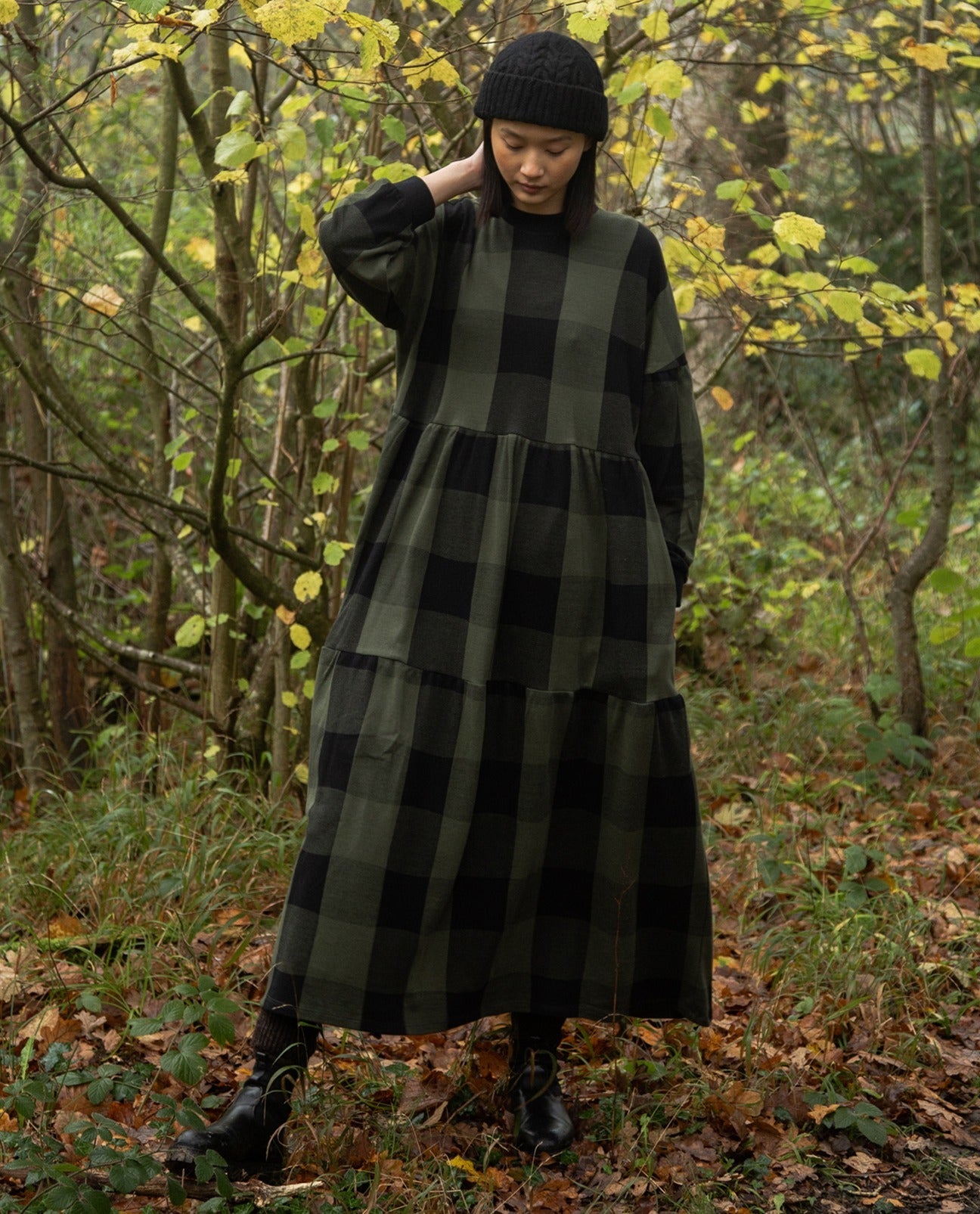 Matilda-Cay Knitted Check Dress in Rosin Green and Black Check