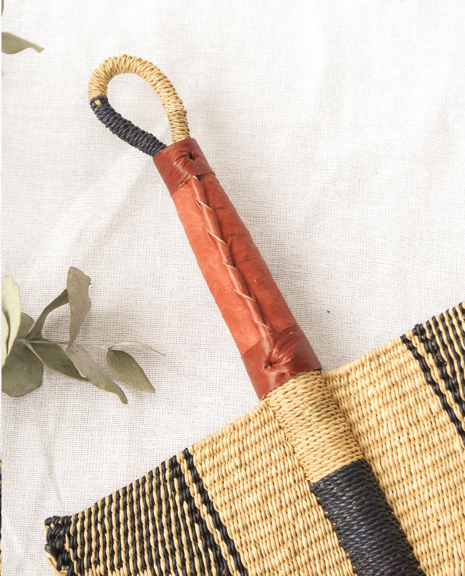 SELASIE Straw Hand Fan With Leather Handle