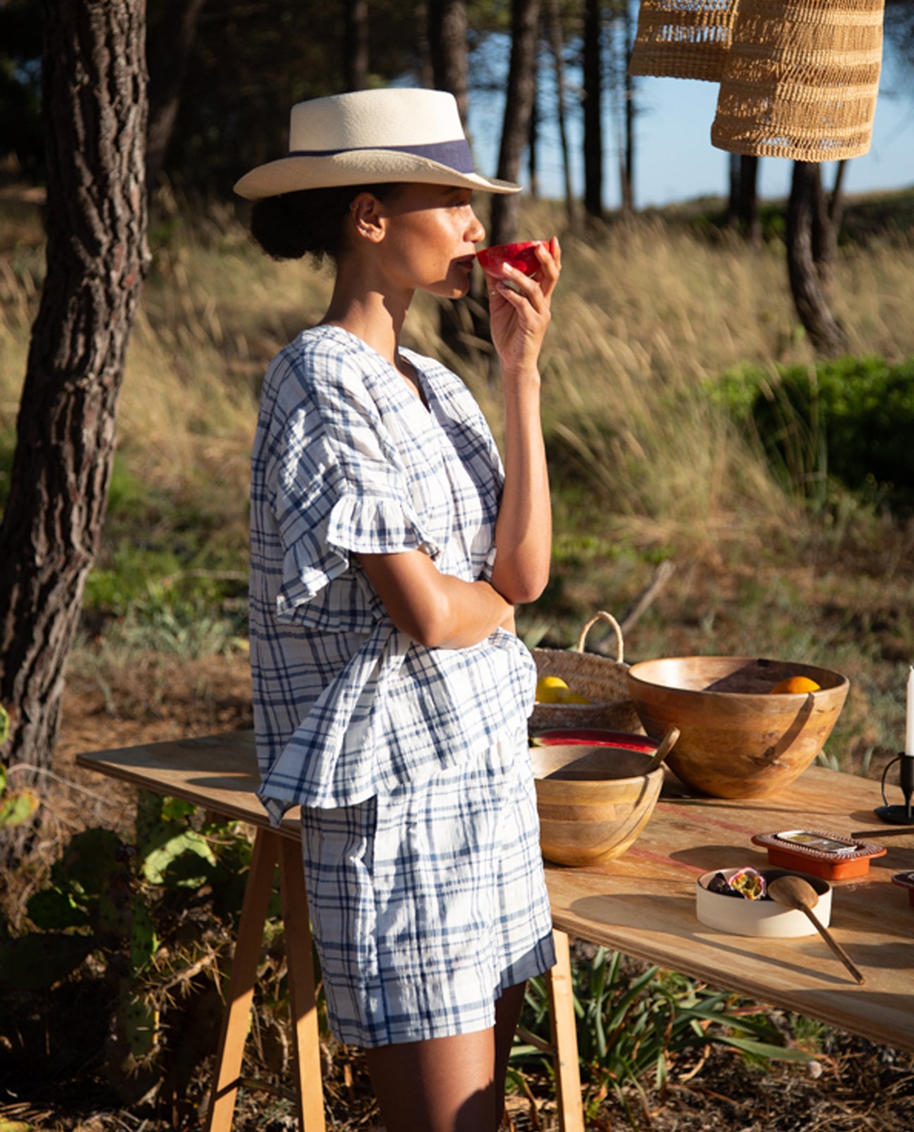 Arabella-Cay Organic Cotton & Linen Blouse In White & Blue Check