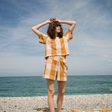 Samudra-Cay Organic Cotton Shorts in Ecru and Golden Tan