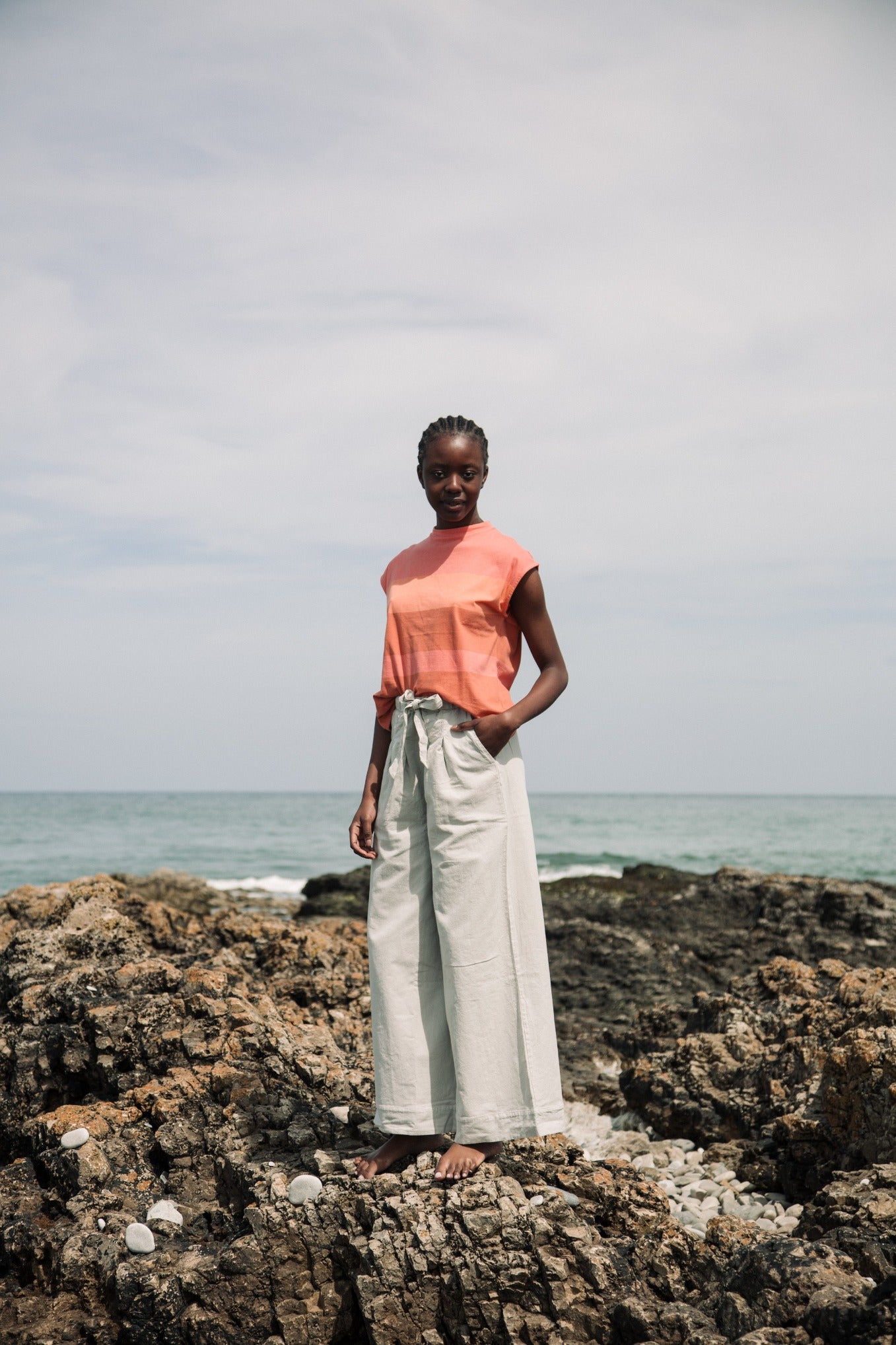 Aukai-Jo Organic Cotton Top in Coral Multi Stripe