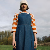 Katana-Leigh Organic Cotton Denim Pinafore Dress in Mid Blue