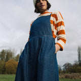 Katana-Leigh Organic Cotton Denim Pinafore Dress in Mid Blue