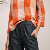 Leia-Cay Organic Cotton Knitted Check Top in Brick and Sand