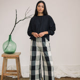 Thorne-Cay Organic Cotton Trousers in Black & Ecru Check S Preloved