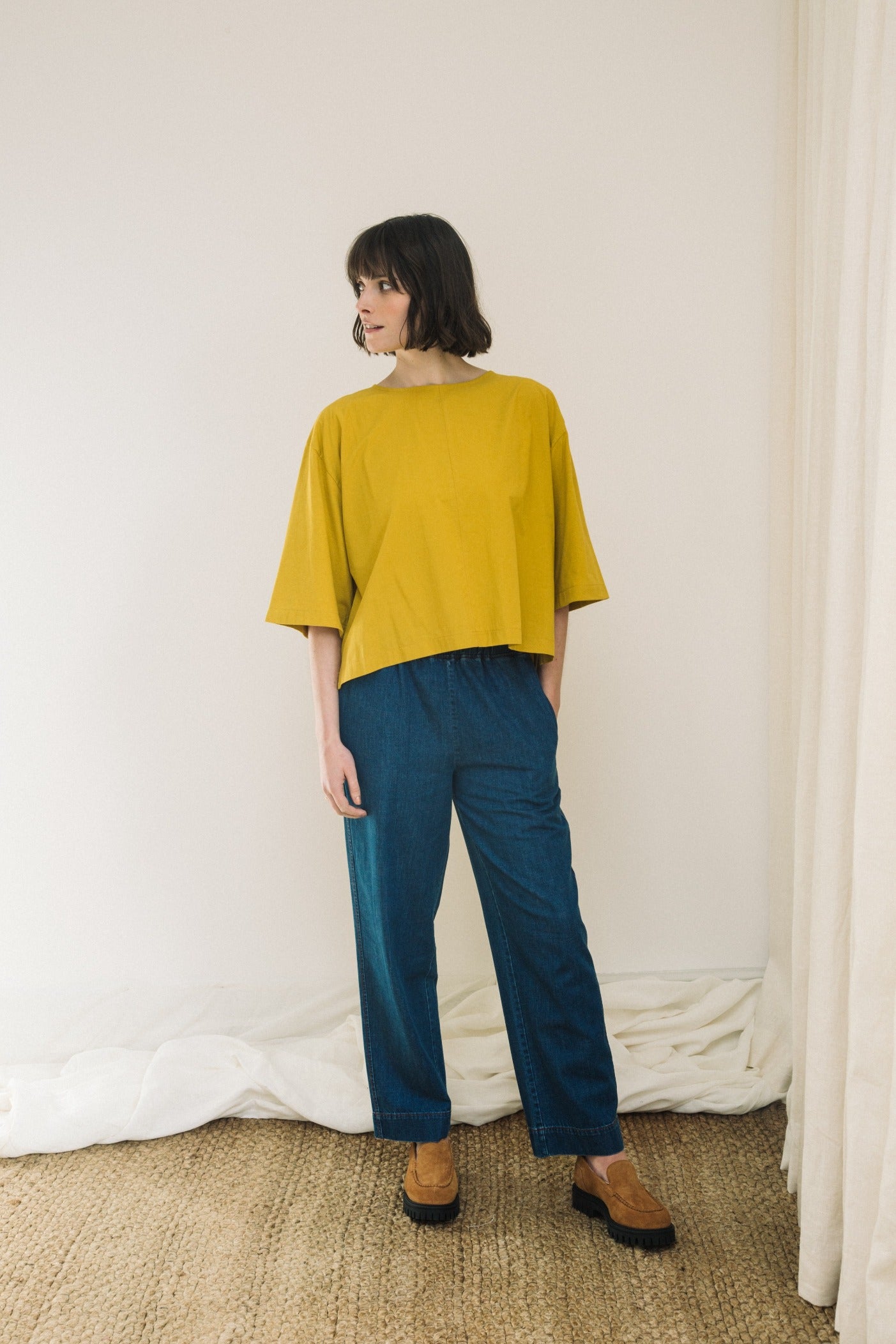 Shay Organic Cotton Jersey and Poplin Top in Chartreuse