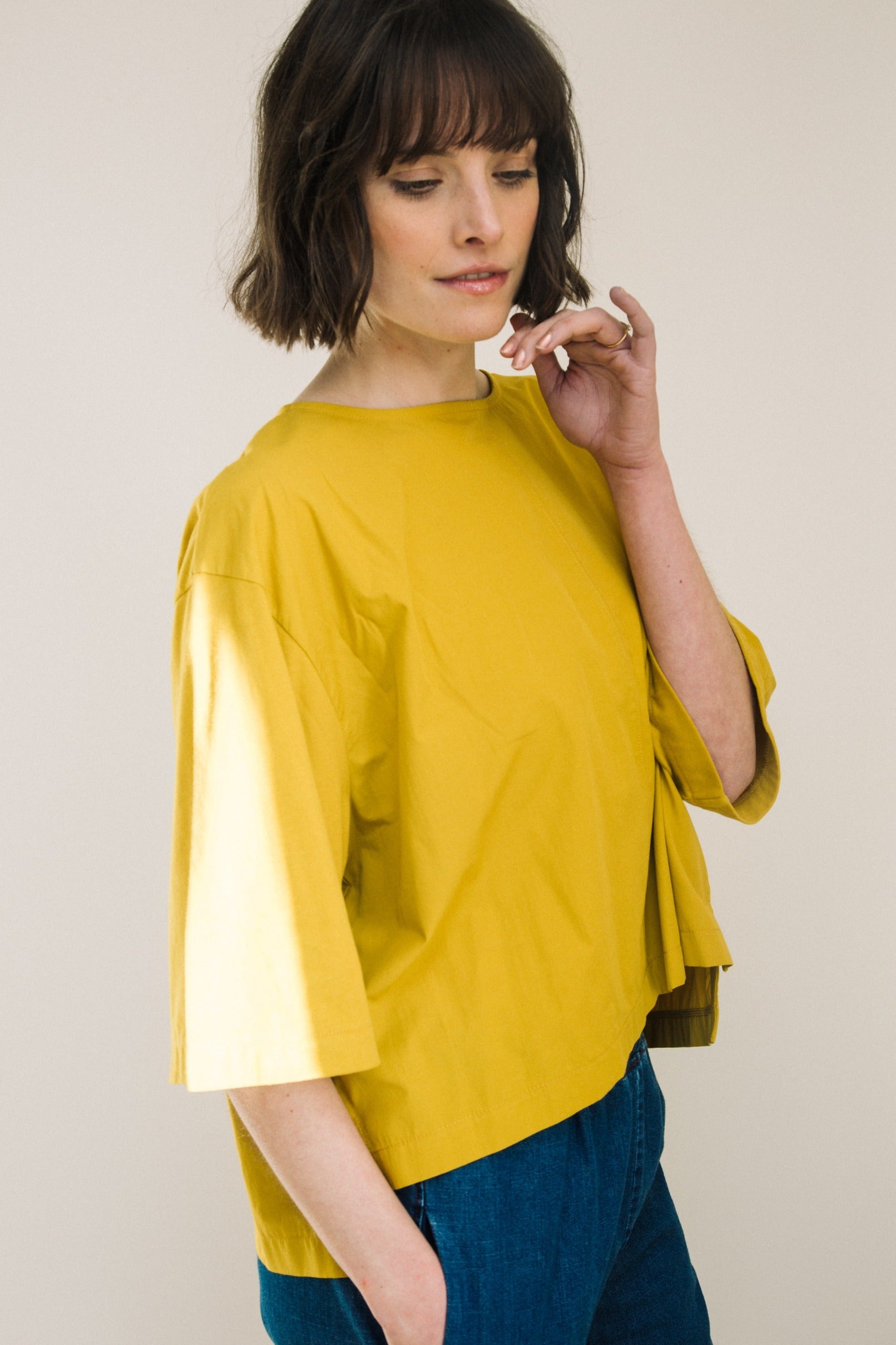 Shay Organic Cotton Jersey and Poplin Top in Chartreuse