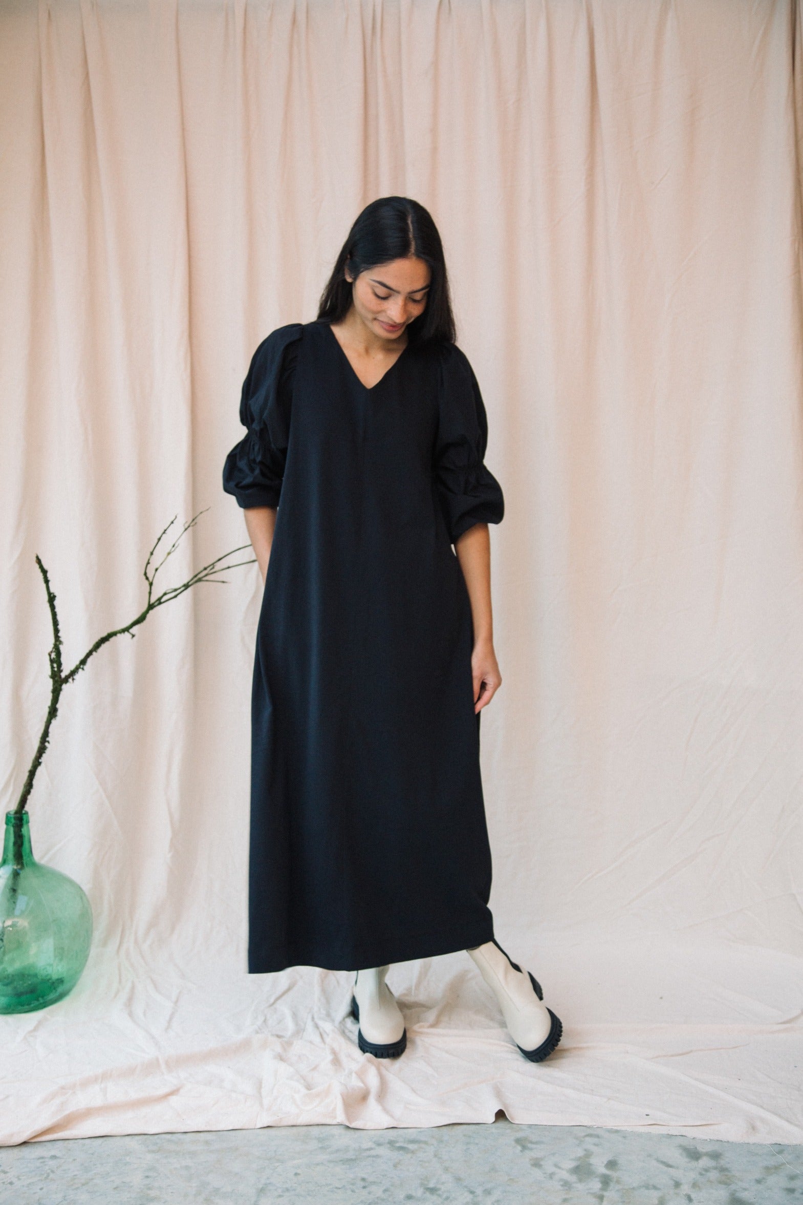 Sora Organic Cotton Jersey and Poplin Dress in Black