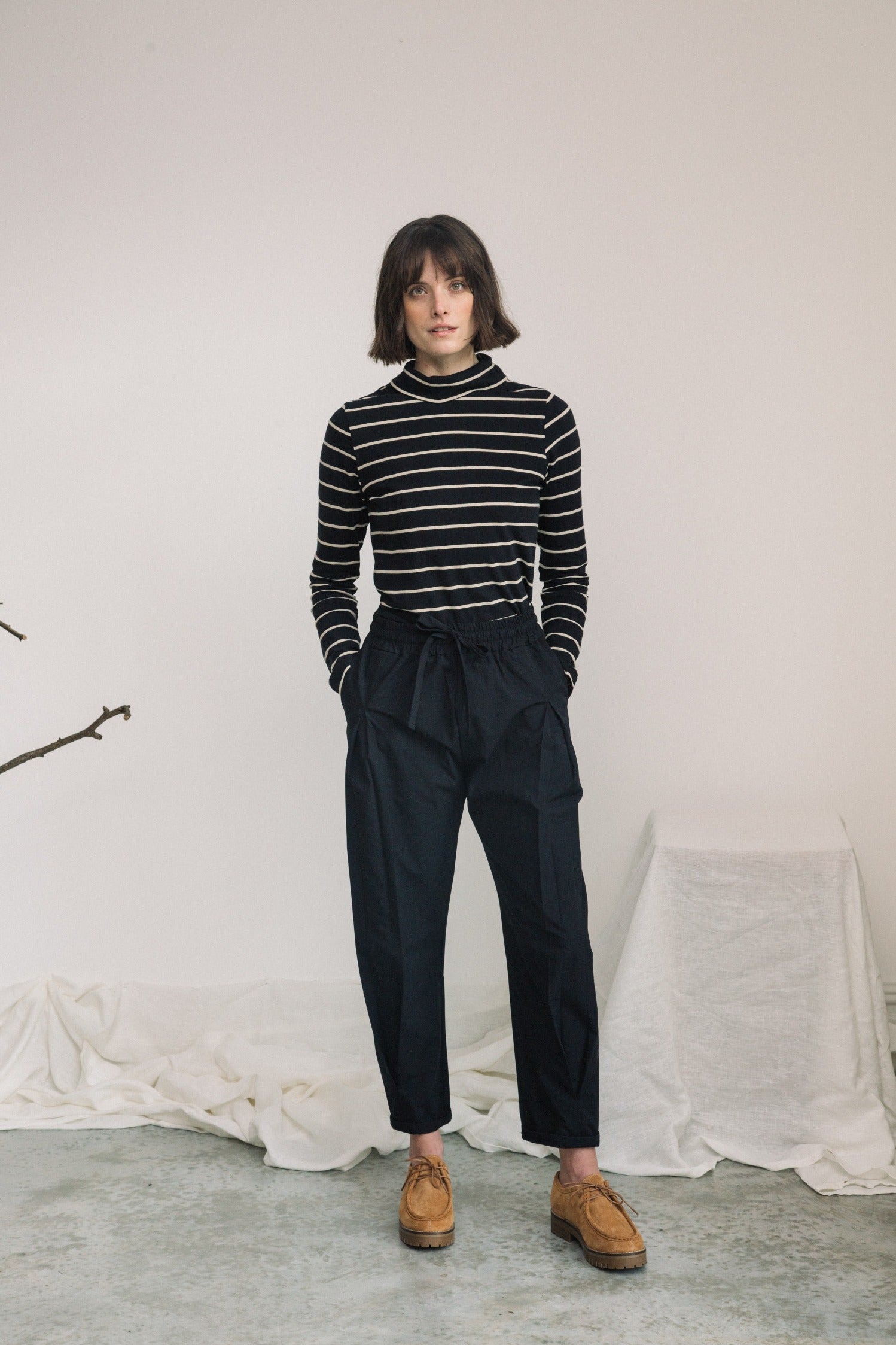 Pine-Sue Organic Cotton Stripe Jersey Top in Black and Sand