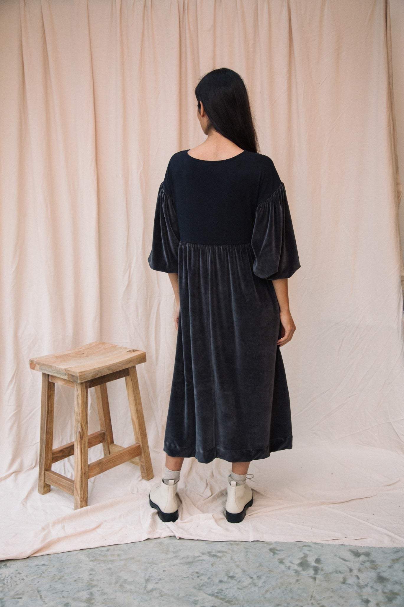 Bliss Organic Cotton Velour and Jersey Dress in Charcoal