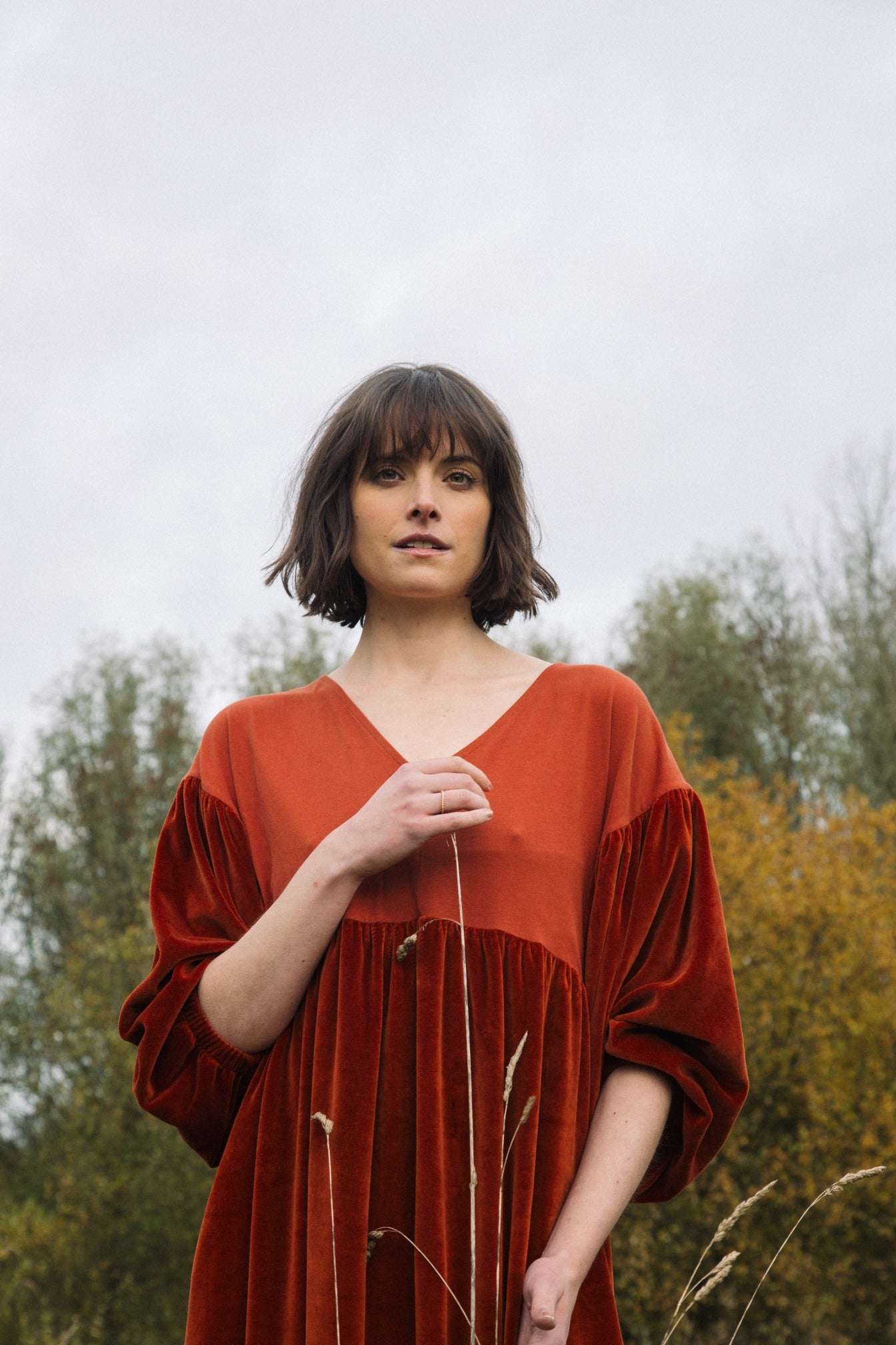 Bliss Organic Cotton Velour and Jersey Dress in Paprika