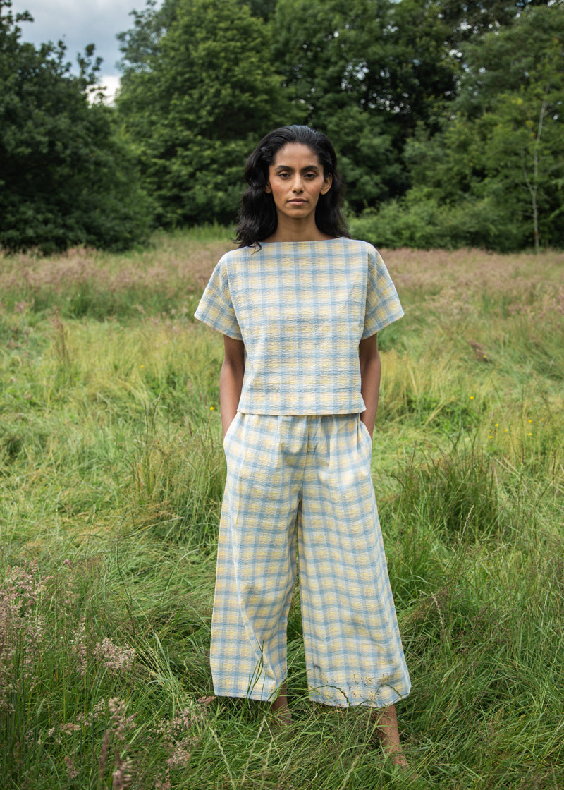 Evora-Cay Organic Cotton Trouser in Pastel Gingham by HANNAH BEAUMONT