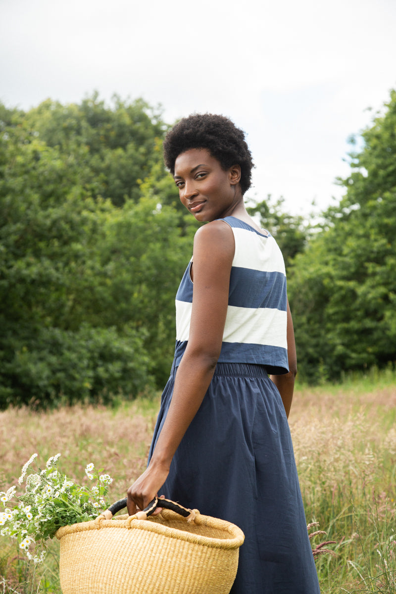 Cece-Sue Organic Cotton Dress in Midnight and White Bold Stripe