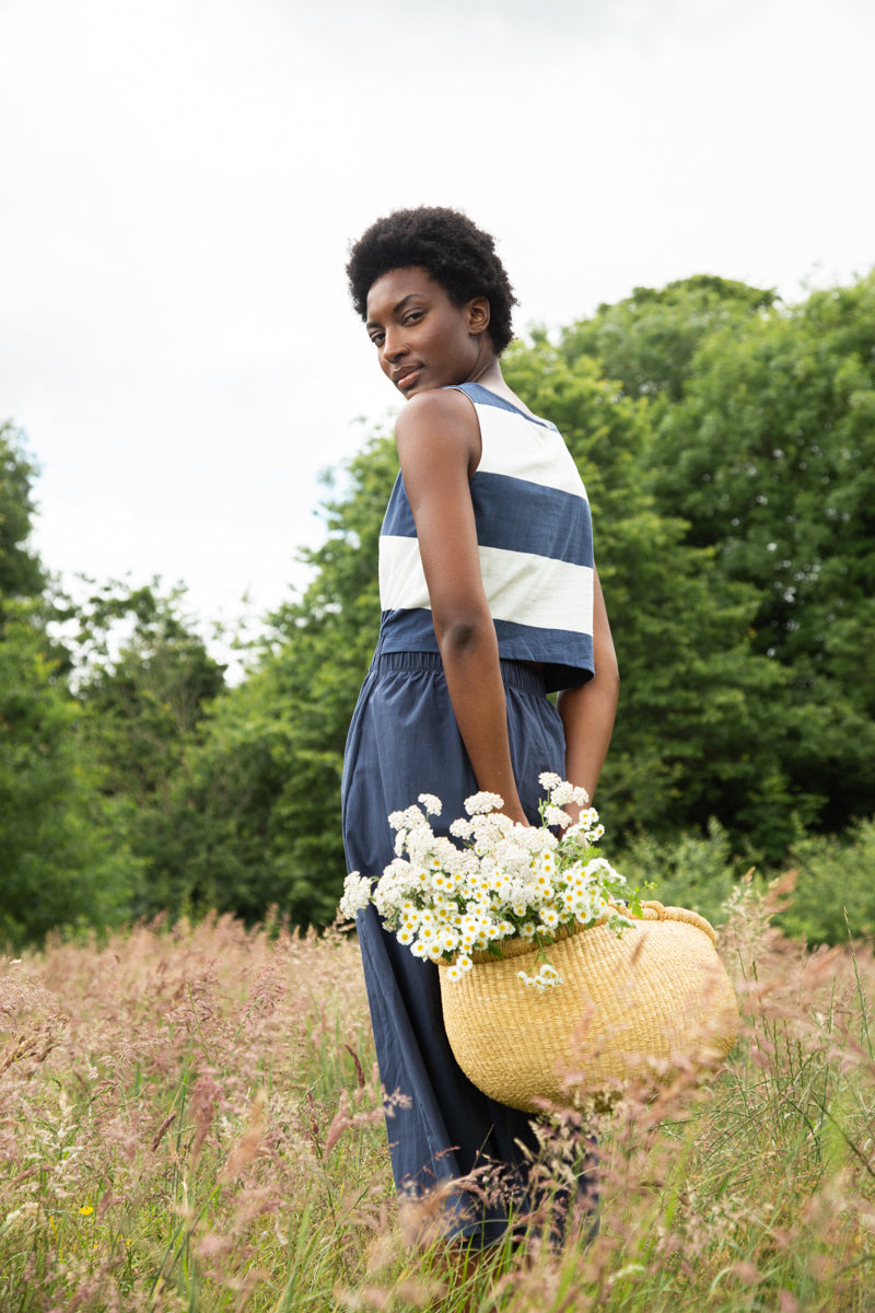 Cece-Sue Organic Cotton Dress in Midnight and White Bold Stripe