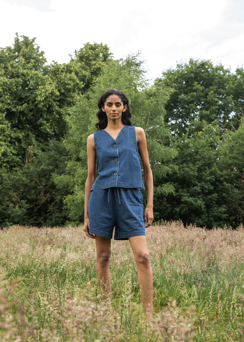 Jovie-Leigh Organic Cotton Denim Vest in Mid Blue