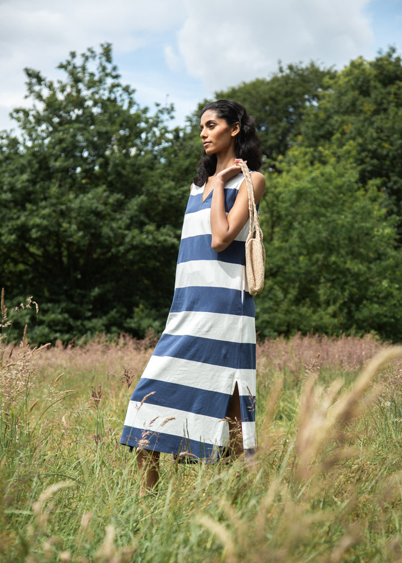 Riva-Sue Organic Cotton Dress in Midnight and White Bold Stripe