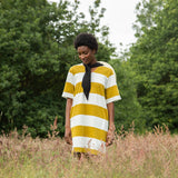 Sasha-Sue Organic Cotton Dress in Olive and White Bold Stripe