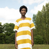 Sasha-Sue Organic Cotton Dress in Olive and White Bold Stripe