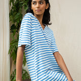 Sasha-Sue Organic Cotton Dress in Sea Blue and White