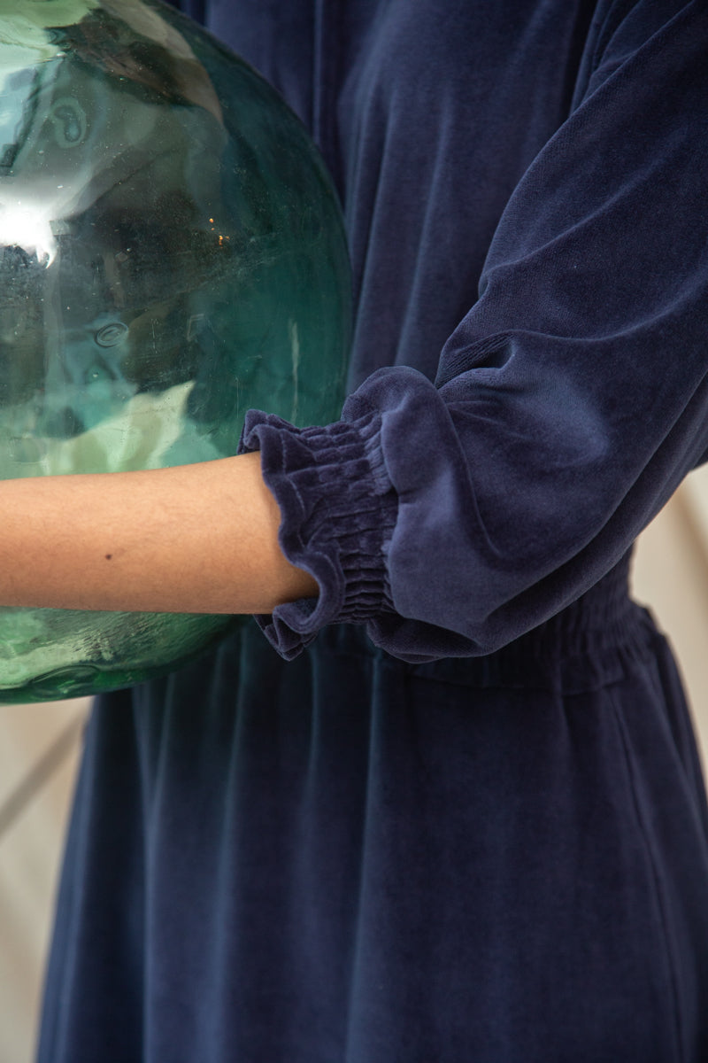 Alena Organic Cotton Velour Dress in Night Sky Navy