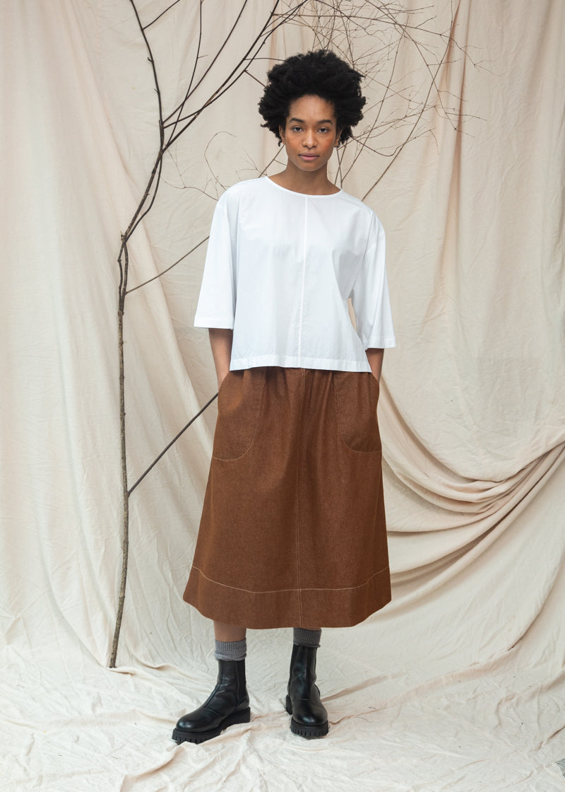 Alma-Leigh Recylced Cotton Denim Skirt in Bark Brown
