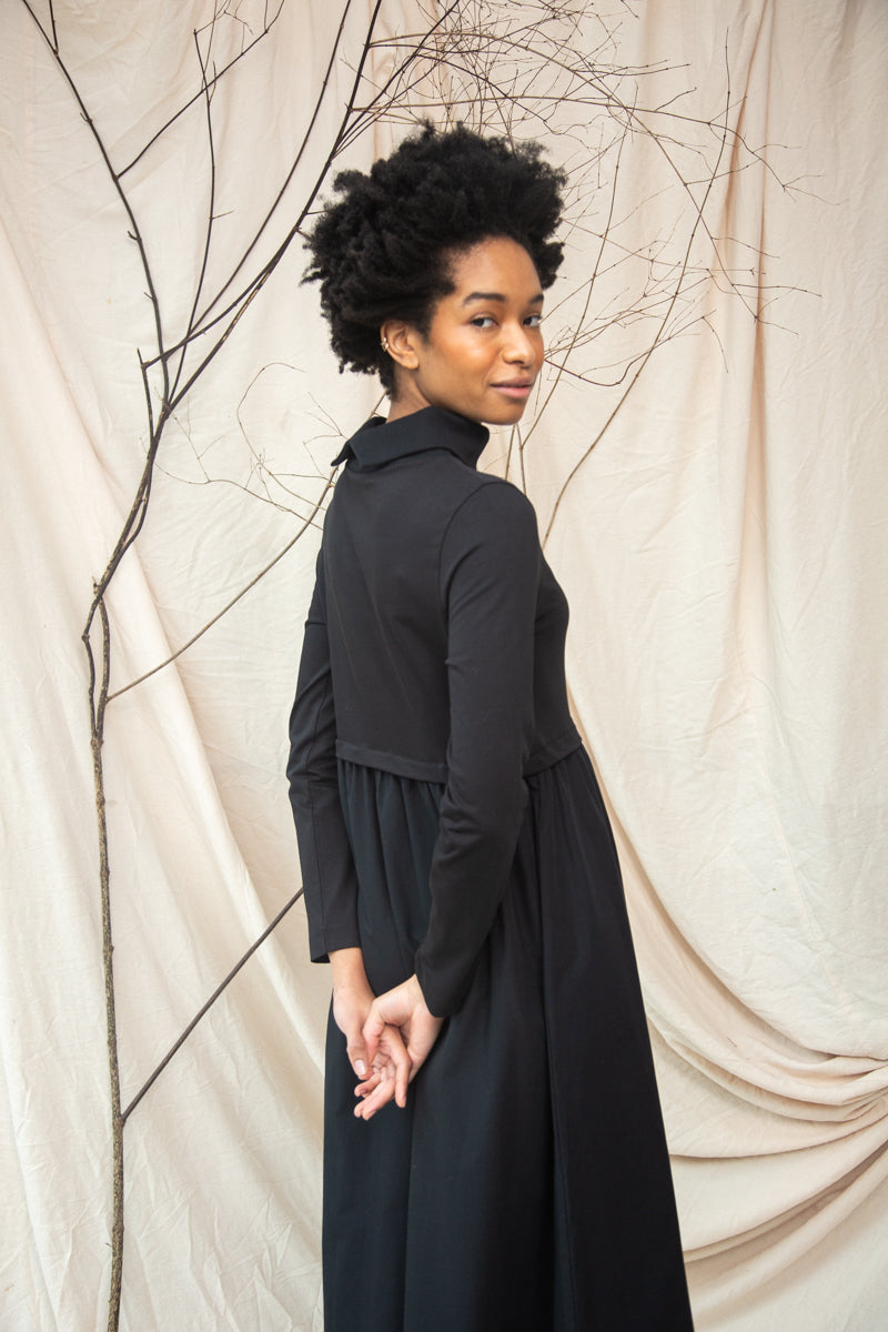 Birch Organic Cotton Jersey and Poplin Dress in Black