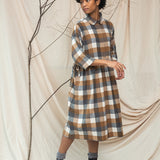 Clara-Cay Organic Cotton Brushed Twill Dress in Tan Check S Preloved