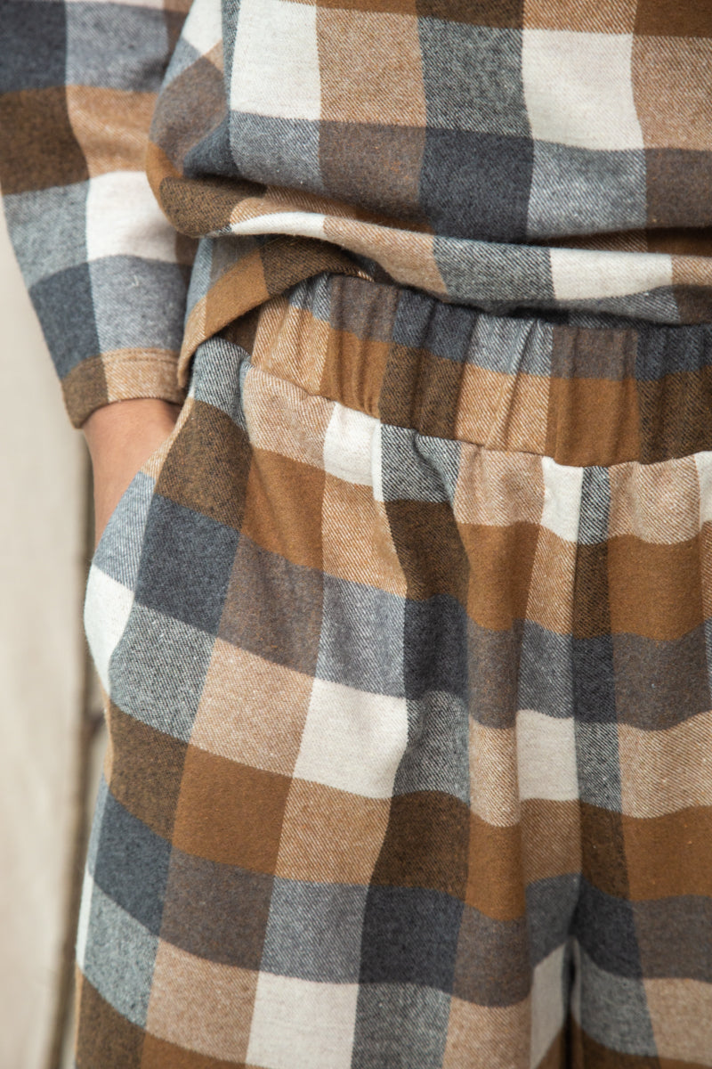 Evora-Cay Recycled Cotton Blend Brushed Twill Check Trousers in Tan Check