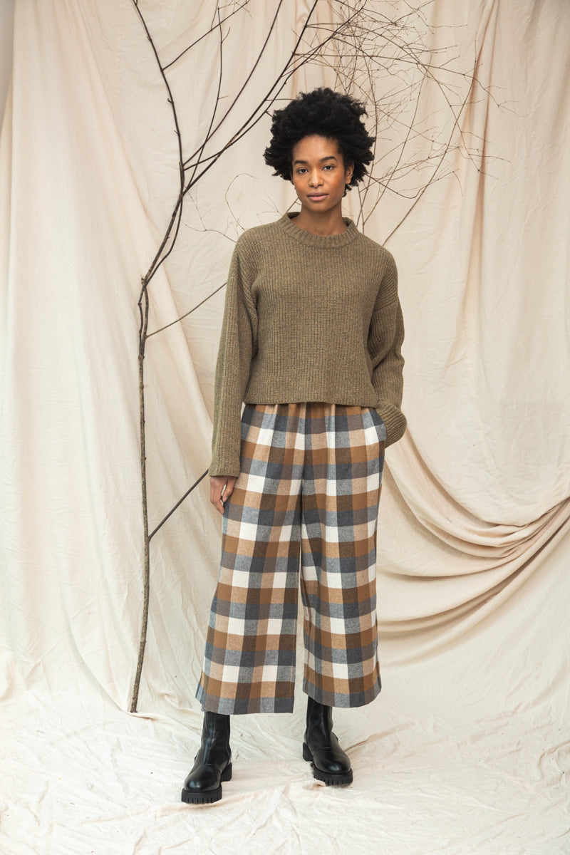 Evora-Cay Recycled Cotton Blend Brushed Twill Check Trousers in Tan Check