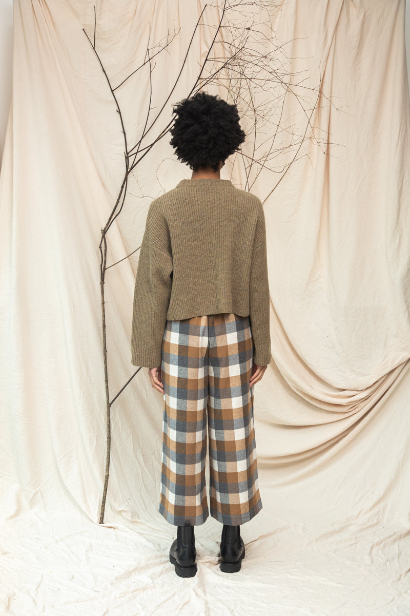 Evora-Cay Recycled Cotton Blend Brushed Twill Check Trousers in Tan Check