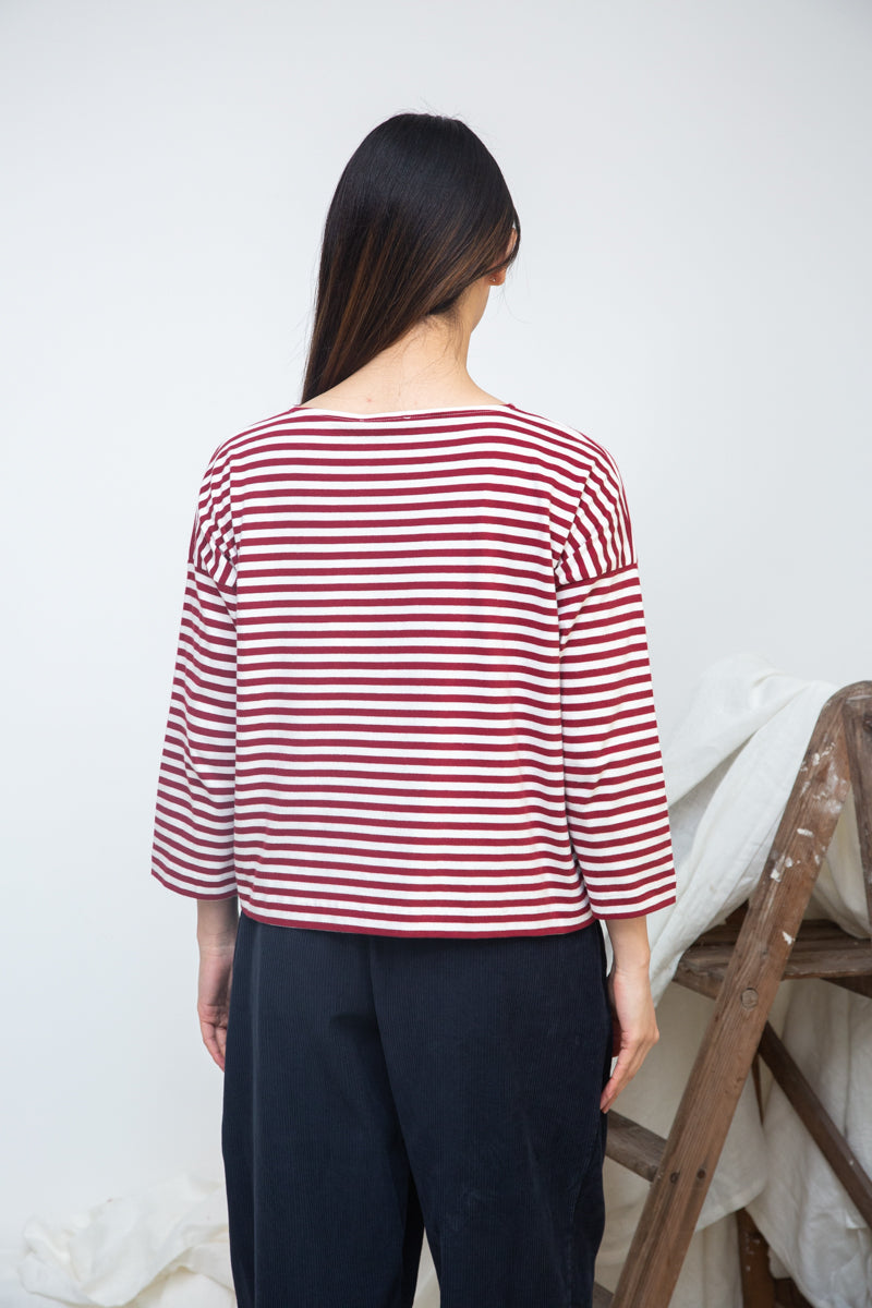 Leia-Sue Organic Cotton Stripe Jersey Top in Burgundy & Off White Stripe