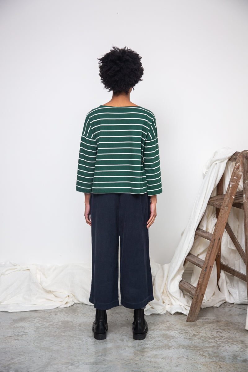 Leia-Sue Organic Cotton Stripe Jersey Top in Pine Green & Off White Stripe