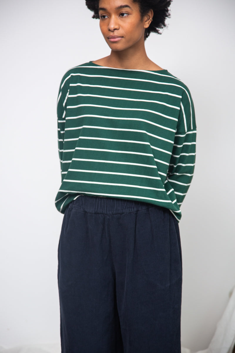 Leia-Sue Organic Cotton Stripe Jersey Top in Pine Green & Off White Stripe