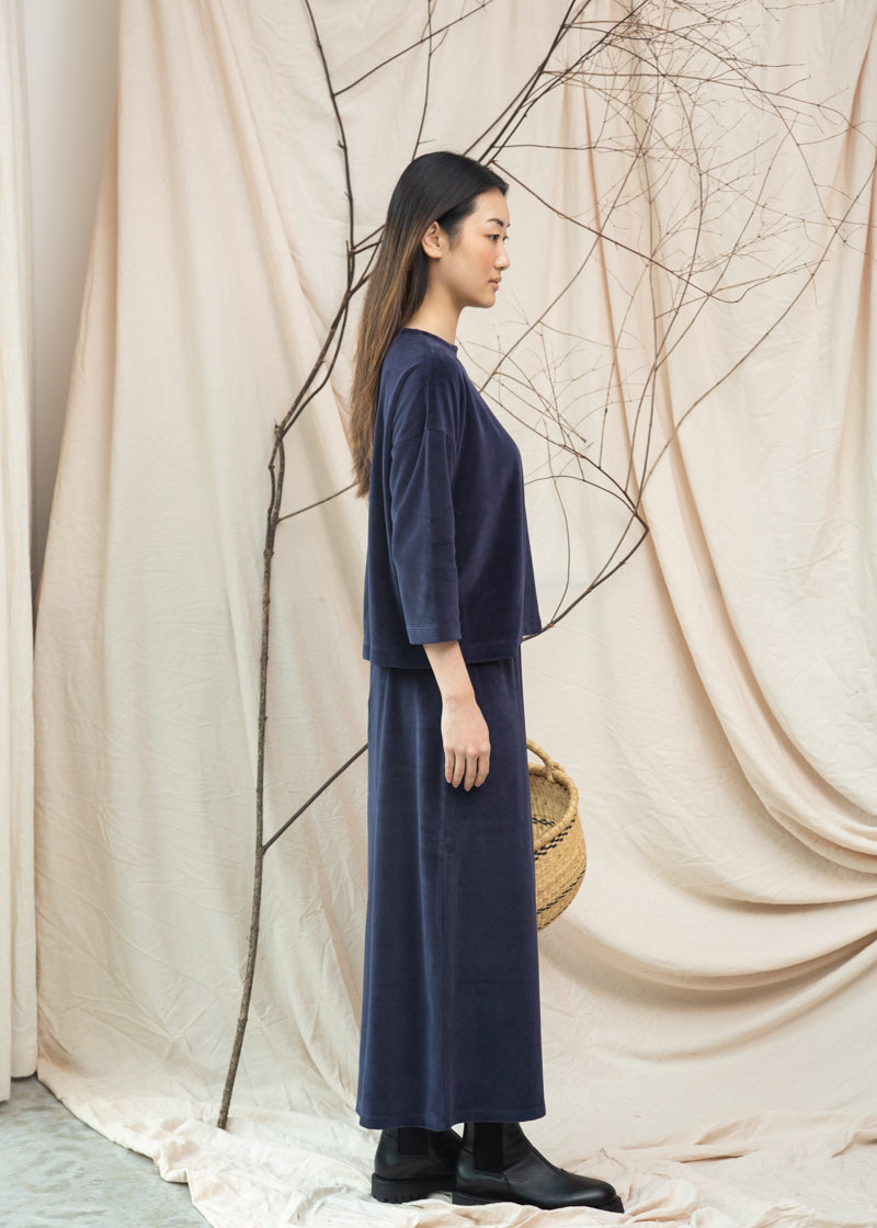 Odette Organic Cotton Velour Trousers in Night Sky Navy