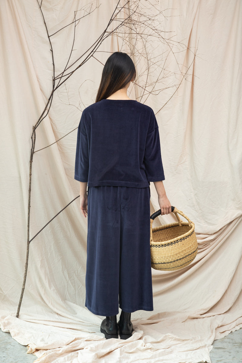 Odette Organic Cotton Velour Trousers in Night Sky Navy