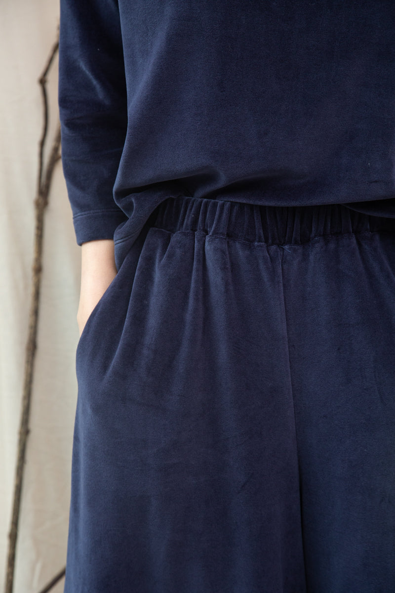 Odette Organic Cotton Velour Trousers in Night Sky Navy