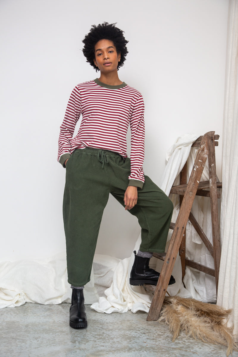 Sierra-Sue Organic Cotton Stripe Jersey Top in Burgundy & Off White Stripe