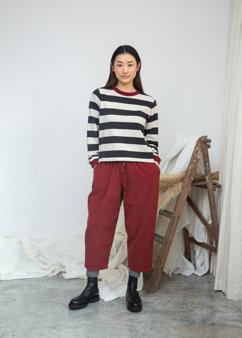 Sierra-Sue Organic Cotton Stripe Jersey Top in Charcoal & Ecru Marl Stripe