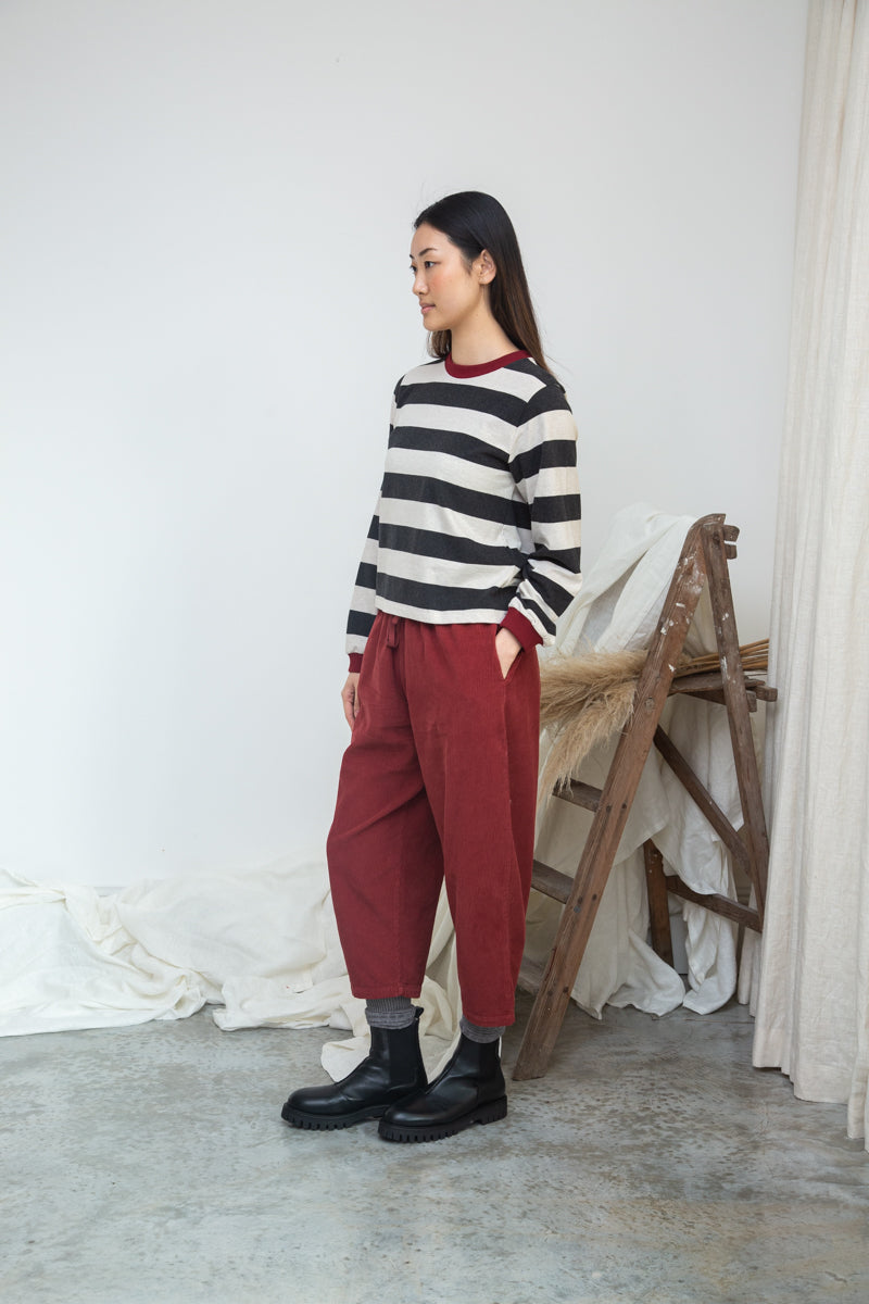 Sierra-Sue Organic Cotton Stripe Jersey Top in Charcoal & Ecru Marl Stripe