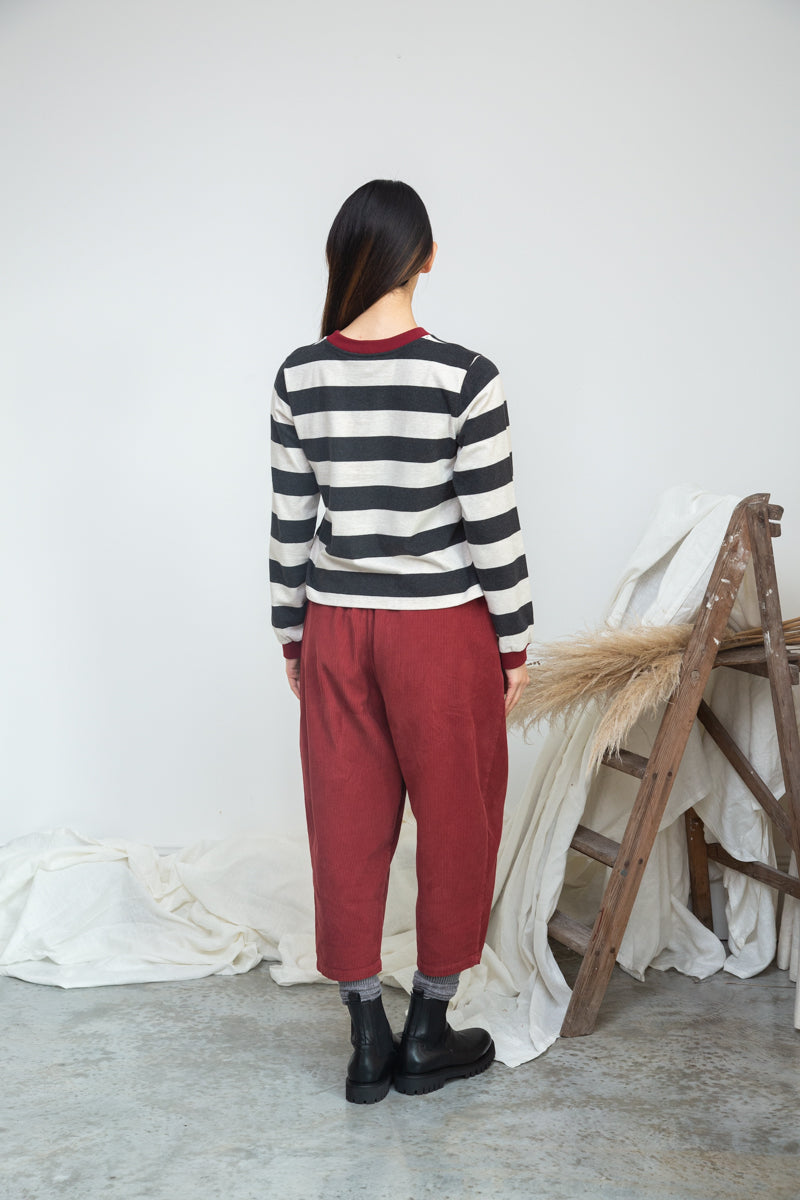 Sierra-Sue Organic Cotton Stripe Jersey Top in Charcoal & Ecru Marl Stripe