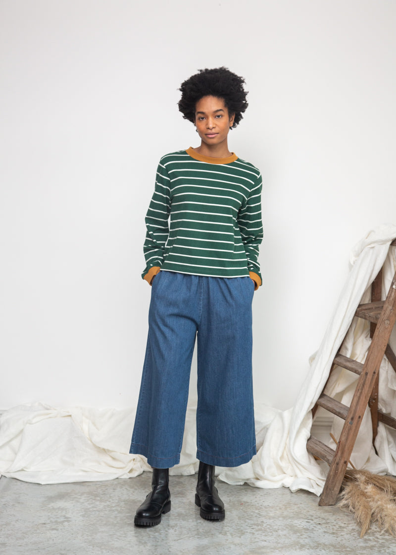 Sierra-Sue Organic Cotton Stripe Jersey Top in Pine Green & Off White Stripe