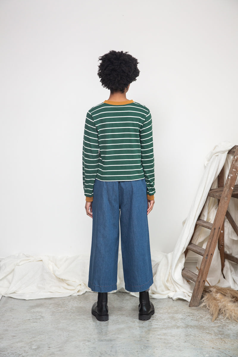 Sierra-Sue Organic Cotton Stripe Jersey Top in Pine Green & Off White Stripe