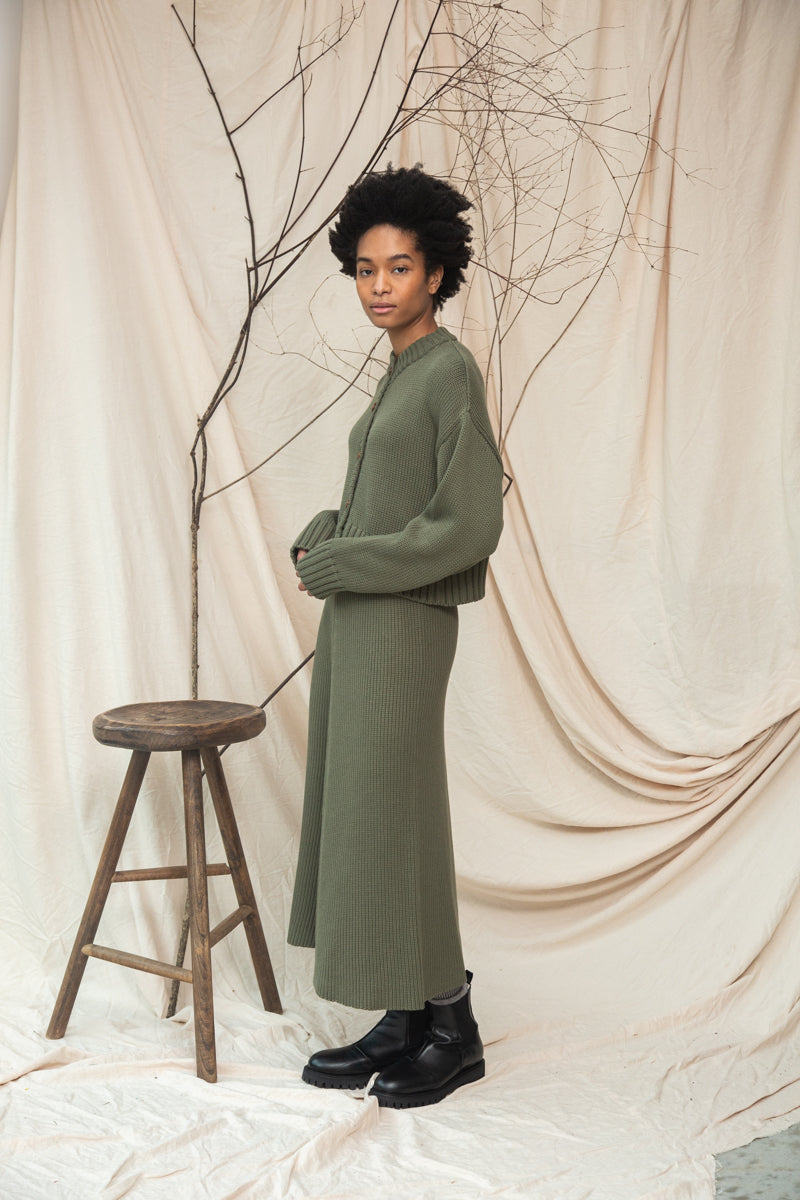 Sugi Organic Cotton Knitted Cardigan in Soft Khaki