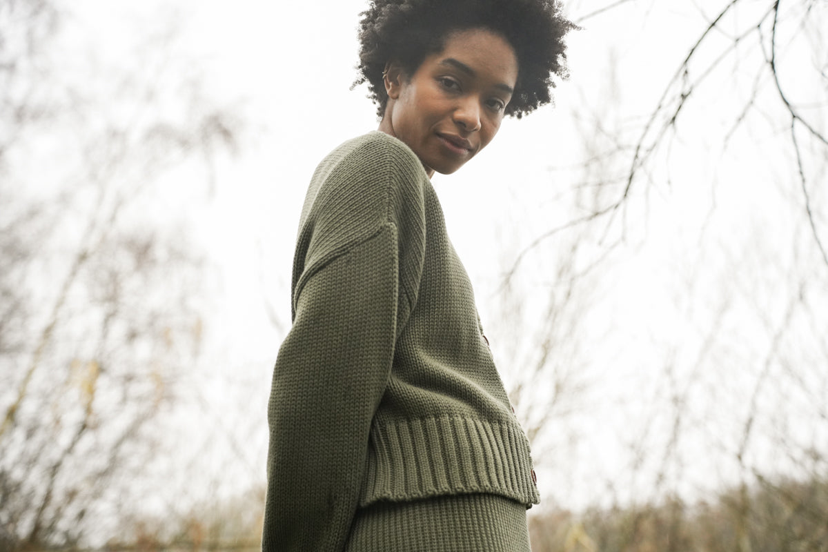 Sugi Organic Cotton Knitted Cardigan in Soft Khaki